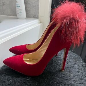 Elegant Red Stiletto Heels with Fur Accent